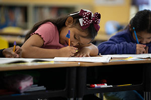 Middle-school girl absorbed by writing in her phonics workbook